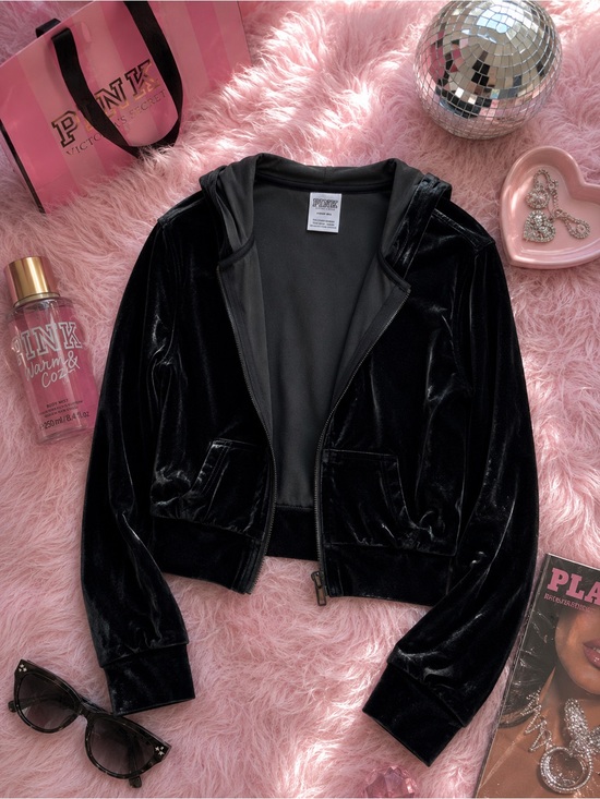 PINK Victoria's Secret Jackets & Blazers - 🖤✨ PINK Victoria’s Secret Velour Cropped Zip Hoodie – Black – Y2K ✨🩶